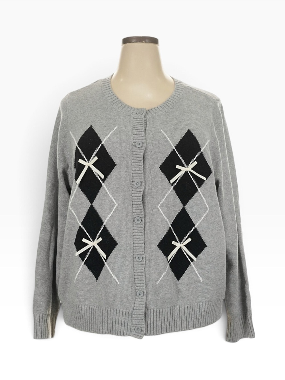 Torrid 3X Bow Argyle Cardigan Gray Black Preppy Coquette Sweater NWT